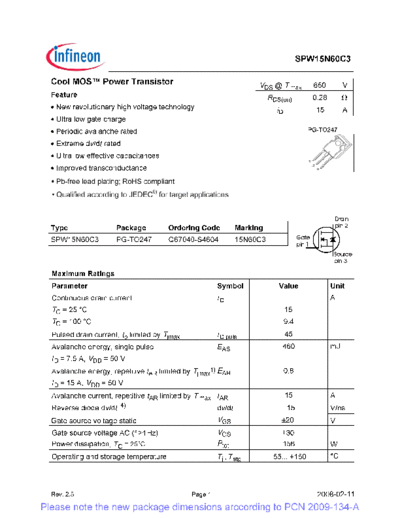 Infineon spw15n60c3 rev[1].2.5 pcn  . Electronic Components Datasheets Active components Transistors Infineon spw15n60c3_rev[1].2.5_pcn.pdf