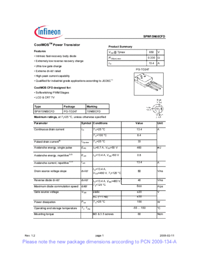 Infineon spw15n60cfd rev1[1].2 pcn  . Electronic Components Datasheets Active components Transistors Infineon spw15n60cfd_rev1[1].2_pcn.pdf