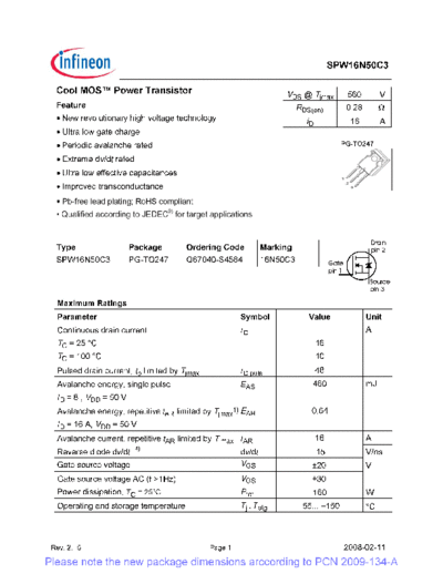 Infineon spw16n50c3 rev2[1].5 pcn  . Electronic Components Datasheets Active components Transistors Infineon spw16n50c3_rev2[1].5_pcn.pdf