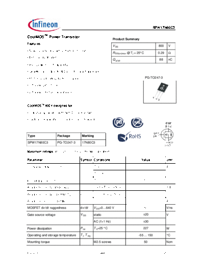 Infineon spw17n80c3 rev2.91  . Electronic Components Datasheets Active components Transistors Infineon spw17n80c3_rev2.91.pdf