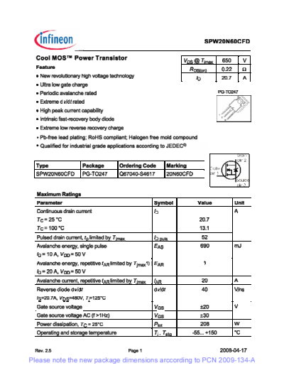 Infineon spw20n60cfd rev[1].2.5 pcn  . Electronic Components Datasheets Active components Transistors Infineon spw20n60cfd_rev[1].2.5_pcn.pdf