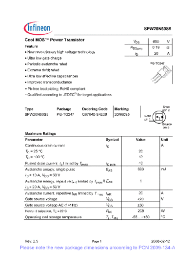 Infineon spw20n60s5 rev[1].2.5 pcn  . Electronic Components Datasheets Active components Transistors Infineon spw20n60s5_rev[1].2.5_pcn.pdf