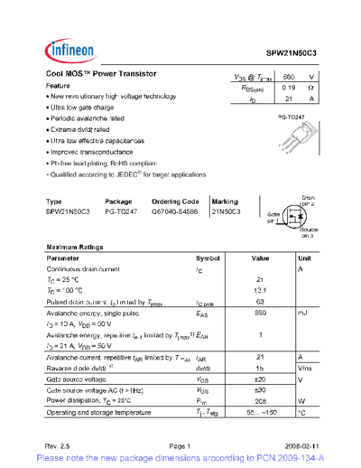 Infineon spw21n50c3 rev[1].2.5 pcn  . Electronic Components Datasheets Active components Transistors Infineon spw21n50c3_rev[1].2.5_pcn.pdf