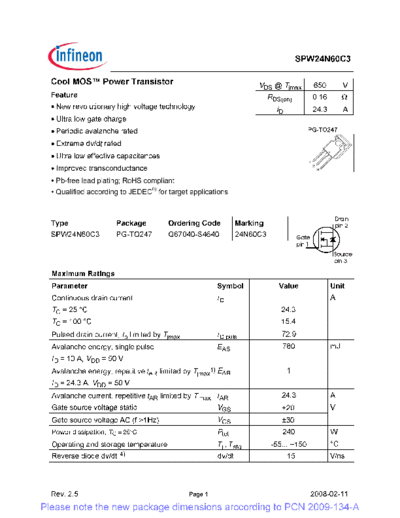 Infineon spw24n60c3 rev[1].2.5 pcn  . Electronic Components Datasheets Active components Transistors Infineon spw24n60c3_rev[1].2.5_pcn.pdf