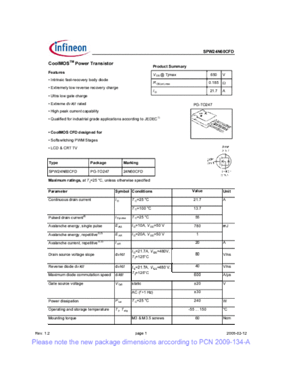 Infineon spw24n60cfd rev1[1].2 pcn  . Electronic Components Datasheets Active components Transistors Infineon spw24n60cfd_rev1[1].2_pcn.pdf