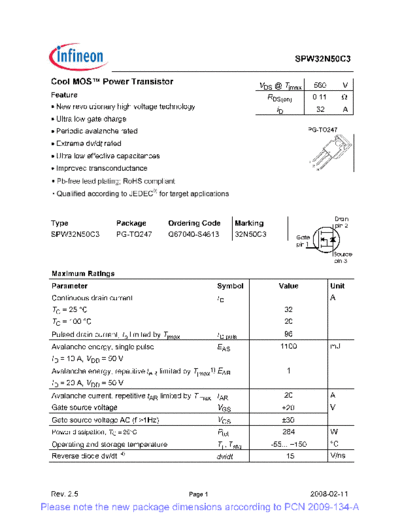 Infineon spw32n50c3 rev[1].2.5 pcn  . Electronic Components Datasheets Active components Transistors Infineon spw32n50c3_rev[1].2.5_pcn.pdf