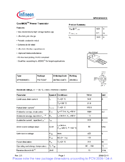 Infineon spw35n60c3 rev[1].2.5 pcn  . Electronic Components Datasheets Active components Transistors Infineon spw35n60c3_rev[1].2.5_pcn.pdf