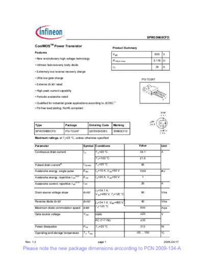 Infineon spw35n60cfd rev1[1].3 pcn  . Electronic Components Datasheets Active components Transistors Infineon spw35n60cfd_rev1[1].3_pcn.pdf