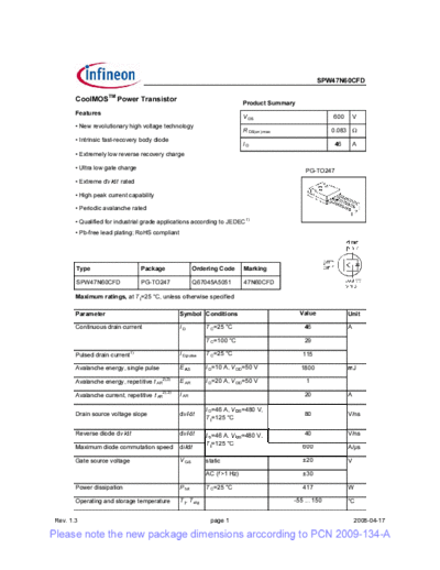 Infineon spw47n60cfd rev1[1].3 pcn  . Electronic Components Datasheets Active components Transistors Infineon spw47n60cfd_rev1[1].3_pcn.pdf