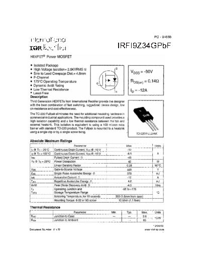 International Rectifier irfi9z34g  . Electronic Components Datasheets Active components Transistors International Rectifier irfi9z34g.pdf