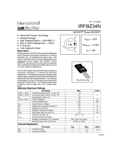 International Rectifier irfi9z34n  . Electronic Components Datasheets Active components Transistors International Rectifier irfi9z34n.pdf