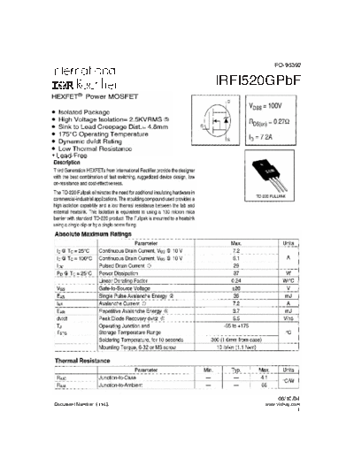 International Rectifier irfi520gpbf  . Electronic Components Datasheets Active components Transistors International Rectifier irfi520gpbf.pdf