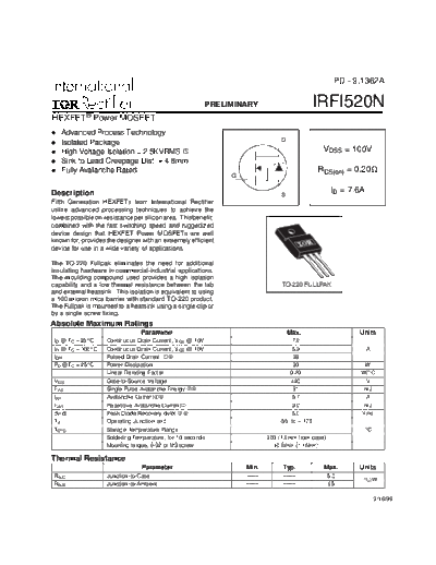 International Rectifier irfi520n  . Electronic Components Datasheets Active components Transistors International Rectifier irfi520n.pdf