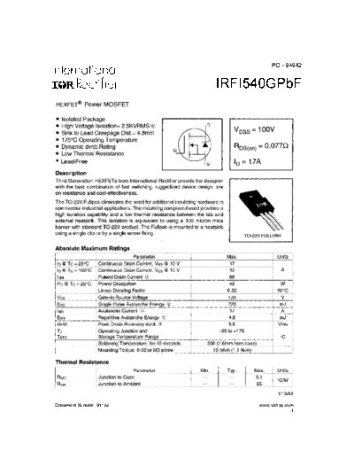 International Rectifier irfi540gpbf  . Electronic Components Datasheets Active components Transistors International Rectifier irfi540gpbf.pdf