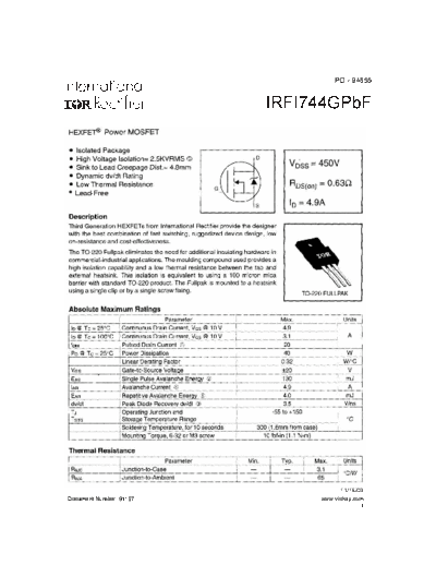 International Rectifier irfi744gpbf  . Electronic Components Datasheets Active components Transistors International Rectifier irfi744gpbf.pdf