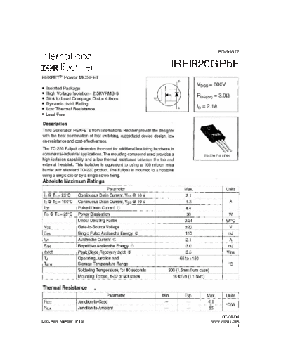 International Rectifier irfi820gpbf  . Electronic Components Datasheets Active components Transistors International Rectifier irfi820gpbf.pdf