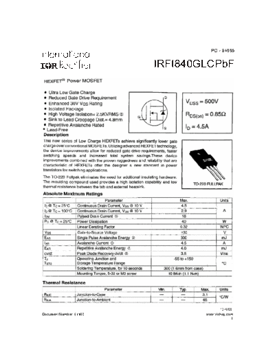 International Rectifier irfi840glcpbf  . Electronic Components Datasheets Active components Transistors International Rectifier irfi840glcpbf.pdf