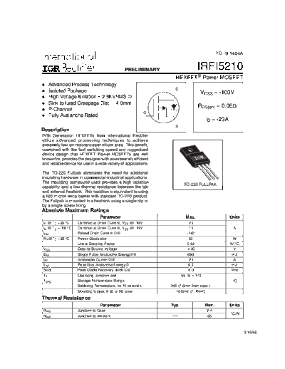 International Rectifier irfi5210  . Electronic Components Datasheets Active components Transistors International Rectifier irfi5210.pdf