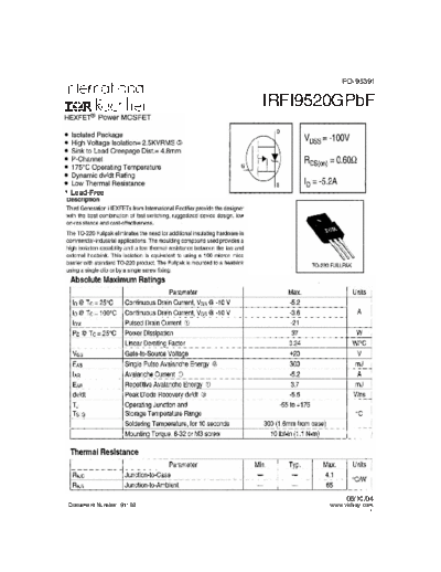 International Rectifier irfi9520gpbf  . Electronic Components Datasheets Active components Transistors International Rectifier irfi9520gpbf.pdf
