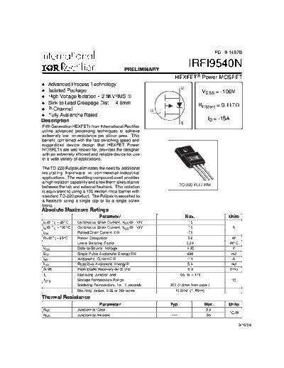 International Rectifier irfi9540n  . Electronic Components Datasheets Active components Transistors International Rectifier irfi9540n.pdf