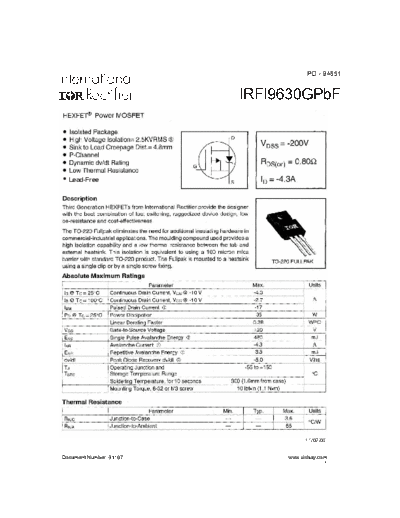 International Rectifier irfi9630g  . Electronic Components Datasheets Active components Transistors International Rectifier irfi9630g.pdf