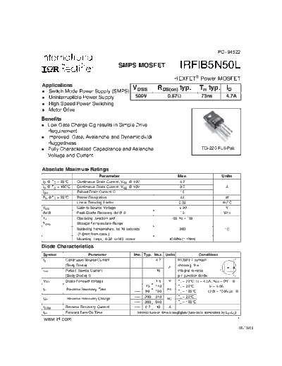 International Rectifier irfib5n50l  . Electronic Components Datasheets Active components Transistors International Rectifier irfib5n50l.pdf