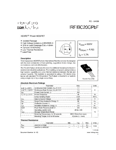 International Rectifier irfibc20g  . Electronic Components Datasheets Active components Transistors International Rectifier irfibc20g.pdf