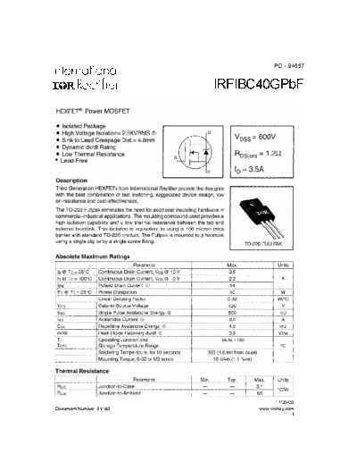 International Rectifier irfibc40g  . Electronic Components Datasheets Active components Transistors International Rectifier irfibc40g.pdf