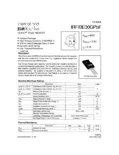 International Rectifier irfibe30g  . Electronic Components Datasheets Active components Transistors International Rectifier irfibe30g.pdf