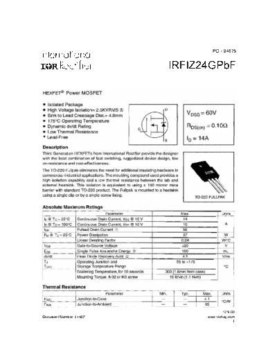 International Rectifier irfiz24g  . Electronic Components Datasheets Active components Transistors International Rectifier irfiz24g.pdf