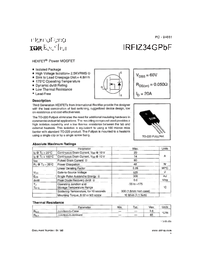 International Rectifier irfiz34gpbf  . Electronic Components Datasheets Active components Transistors International Rectifier irfiz34gpbf.pdf