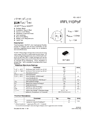 International Rectifier irfl110pbf  . Electronic Components Datasheets Active components Transistors International Rectifier irfl110pbf.pdf