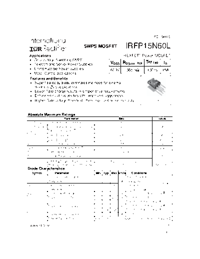 International Rectifier irfp15n60l  . Electronic Components Datasheets Active components Transistors International Rectifier irfp15n60l.pdf