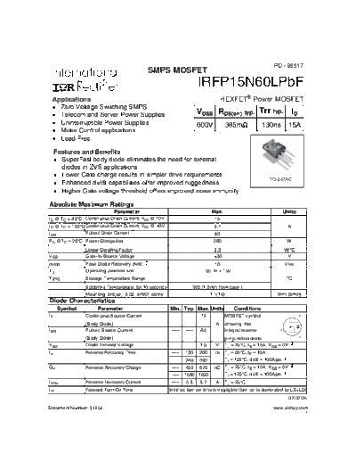 International Rectifier irfp15n60lpbf  . Electronic Components Datasheets Active components Transistors International Rectifier irfp15n60lpbf.pdf