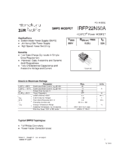 International Rectifier irfp22n50a  . Electronic Components Datasheets Active components Transistors International Rectifier irfp22n50a.pdf