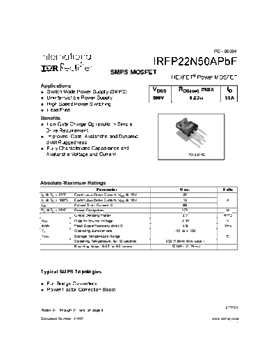 International Rectifier irfp22n50apbf  . Electronic Components Datasheets Active components Transistors International Rectifier irfp22n50apbf.pdf