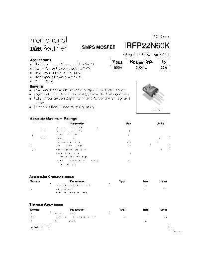 International Rectifier irfp22n60k  . Electronic Components Datasheets Active components Transistors International Rectifier irfp22n60k.pdf