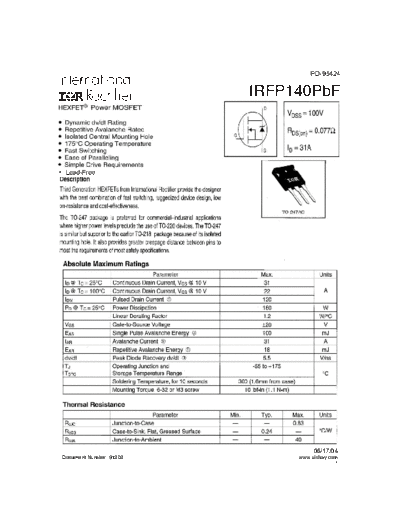 International Rectifier irfp140pbf  . Electronic Components Datasheets Active components Transistors International Rectifier irfp140pbf.pdf