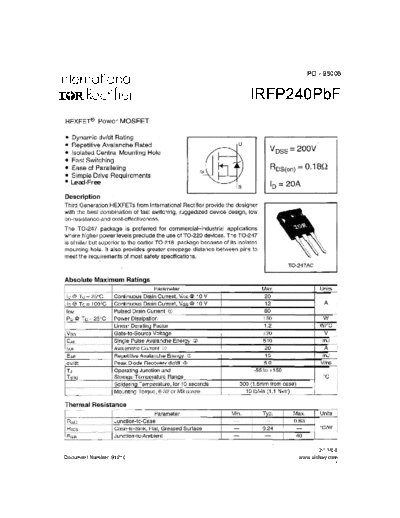 International Rectifier irfp240  . Electronic Components Datasheets Active components Transistors International Rectifier irfp240.pdf