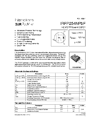 International Rectifier irfp254npbf  . Electronic Components Datasheets Active components Transistors International Rectifier irfp254npbf.pdf