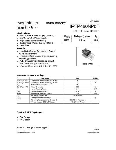 International Rectifier irfp460npbf  . Electronic Components Datasheets Active components Transistors International Rectifier irfp460npbf.pdf