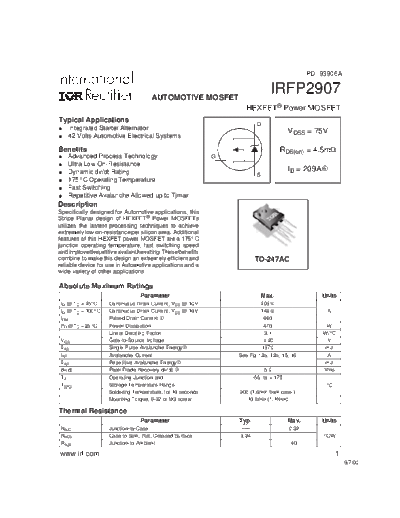 International Rectifier irfp2907  . Electronic Components Datasheets Active components Transistors International Rectifier irfp2907.pdf