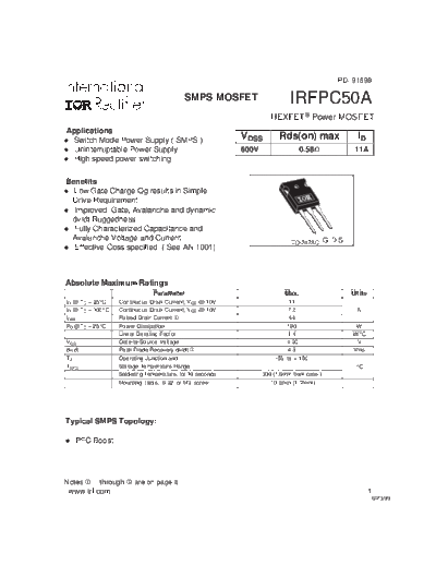 International Rectifier irfpc50a  . Electronic Components Datasheets Active components Transistors International Rectifier irfpc50a.pdf