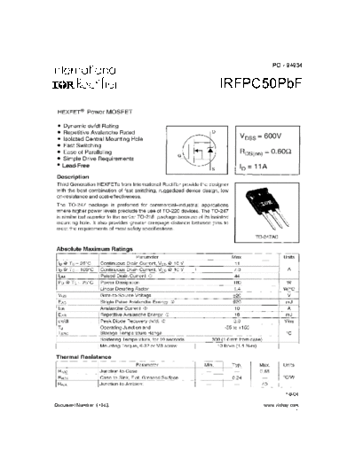 International Rectifier irfpc50pbf  . Electronic Components Datasheets Active components Transistors International Rectifier irfpc50pbf.pdf