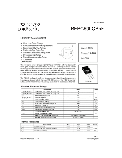 International Rectifier irfpc60lcpbf  . Electronic Components Datasheets Active components Transistors International Rectifier irfpc60lcpbf.pdf