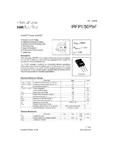 International Rectifier irfpe50  . Electronic Components Datasheets Active components Transistors International Rectifier irfpe50.pdf