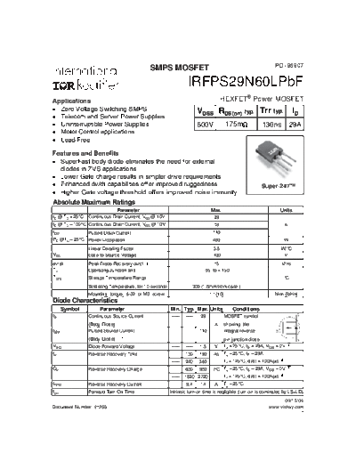 International Rectifier irfps29n60lpbf  . Electronic Components Datasheets Active components Transistors International Rectifier irfps29n60lpbf.pdf