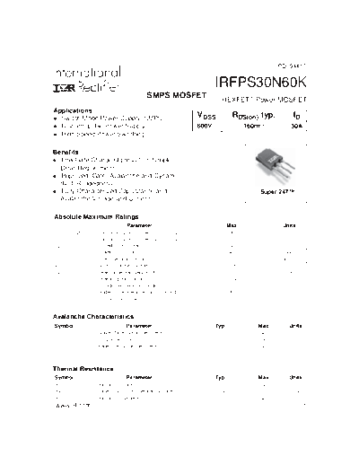 International Rectifier irfps30n60k  . Electronic Components Datasheets Active components Transistors International Rectifier irfps30n60k.pdf