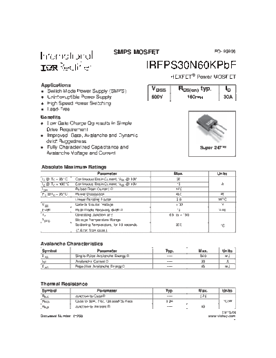 International Rectifier irfps30n60kpbf  . Electronic Components Datasheets Active components Transistors International Rectifier irfps30n60kpbf.pdf