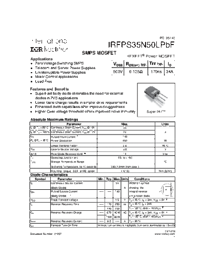 International Rectifier irfps35n50lpbf  . Electronic Components Datasheets Active components Transistors International Rectifier irfps35n50lpbf.pdf